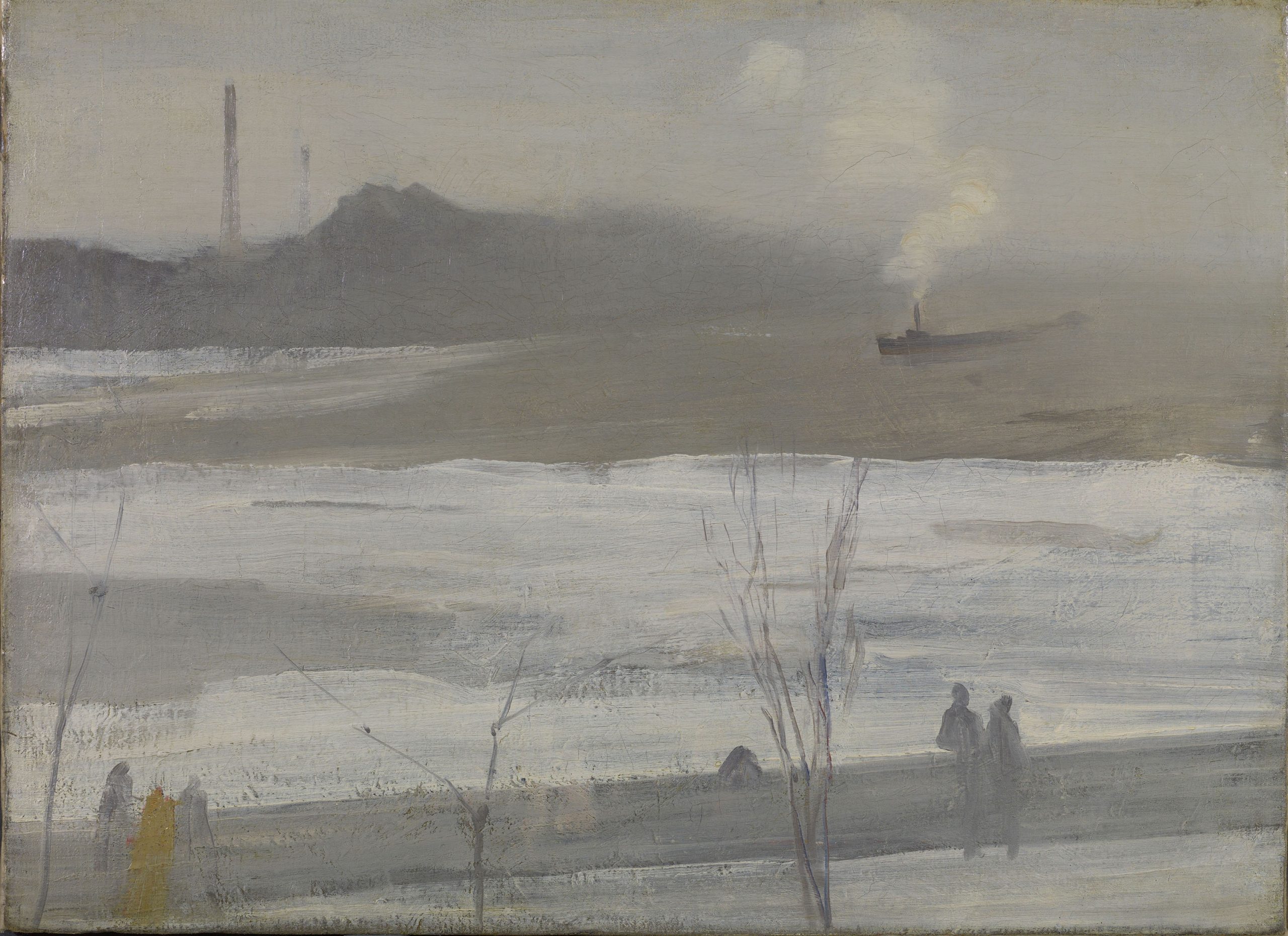 a shore looking across to the factories in the distance.