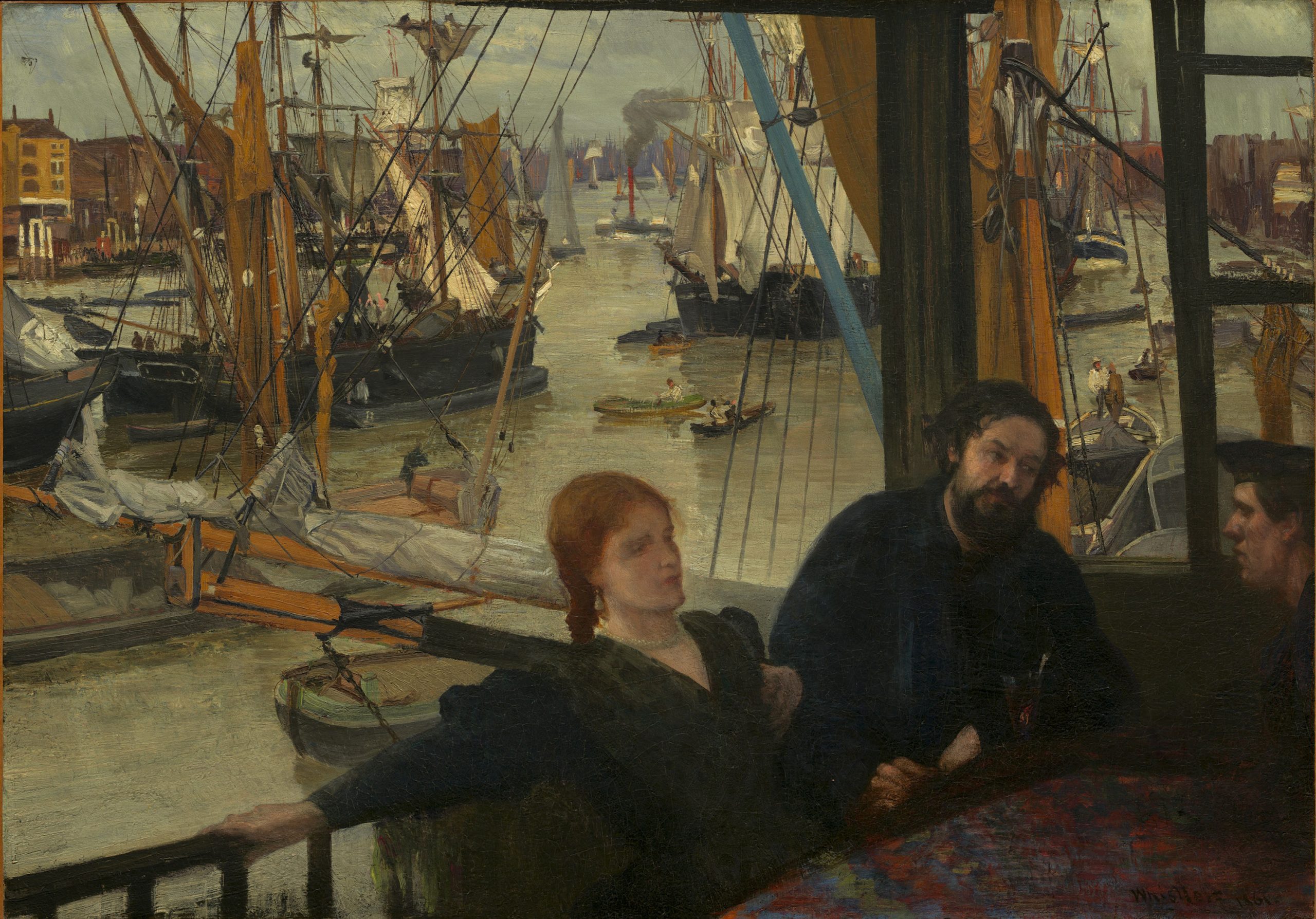 a balcony with people seated at a table and ships and buildings in the background