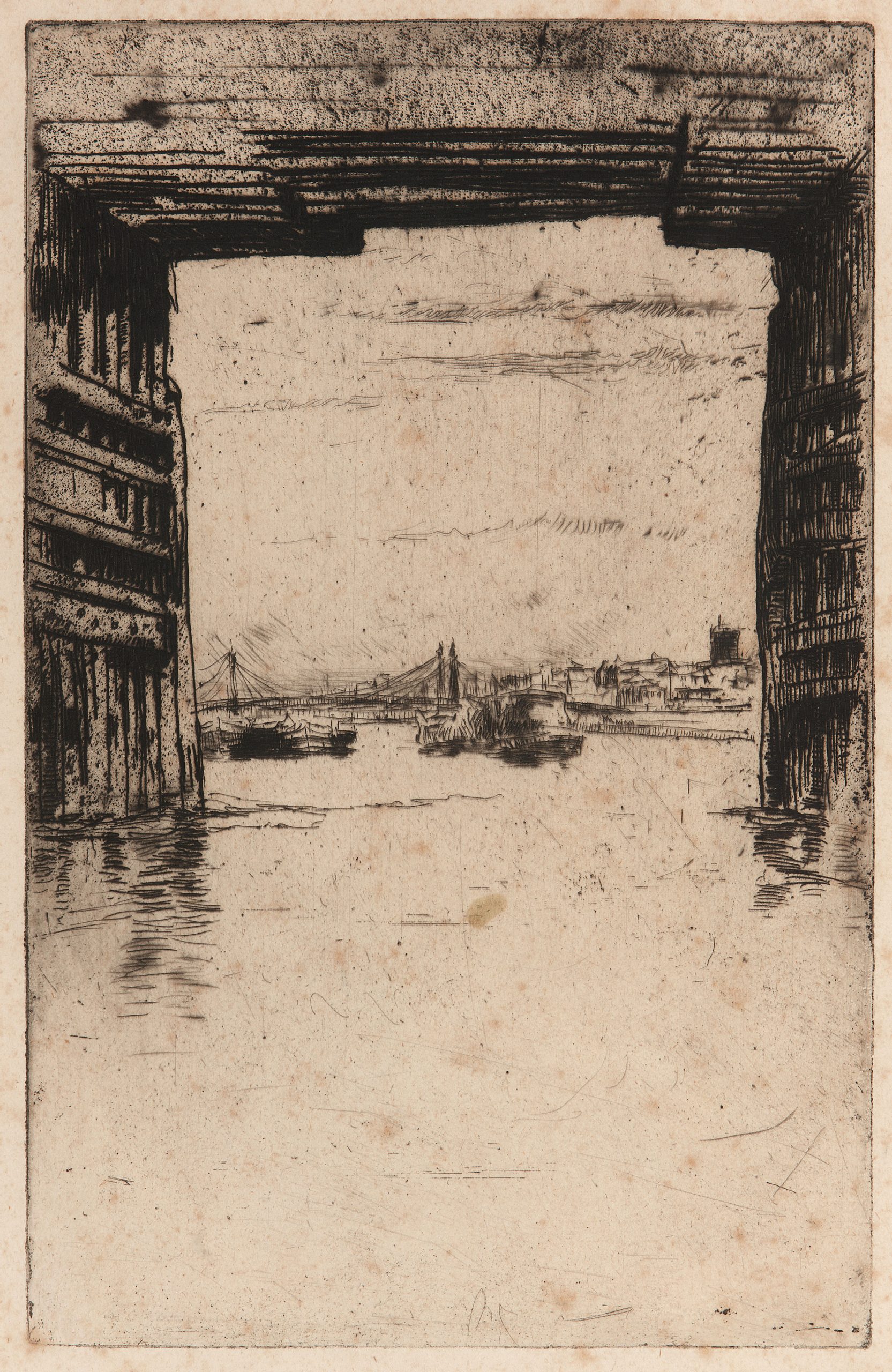 etching that shows the two piers to the left of the central passage under a bridge