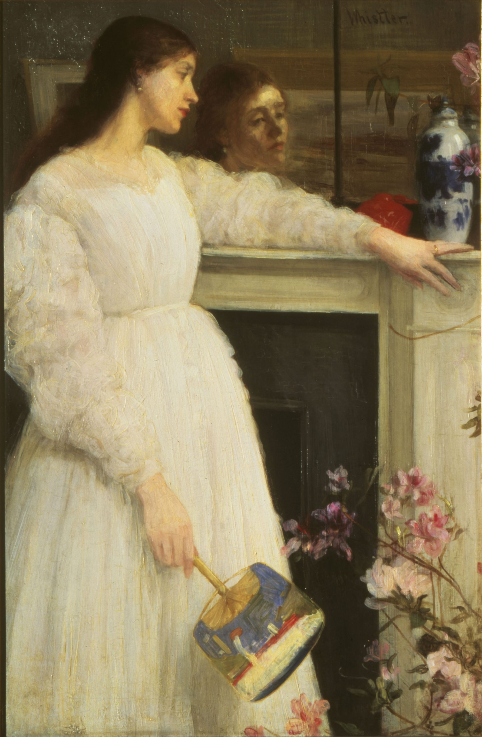 girl in a white dress standing next to a fireplace, holding a Japanese fan