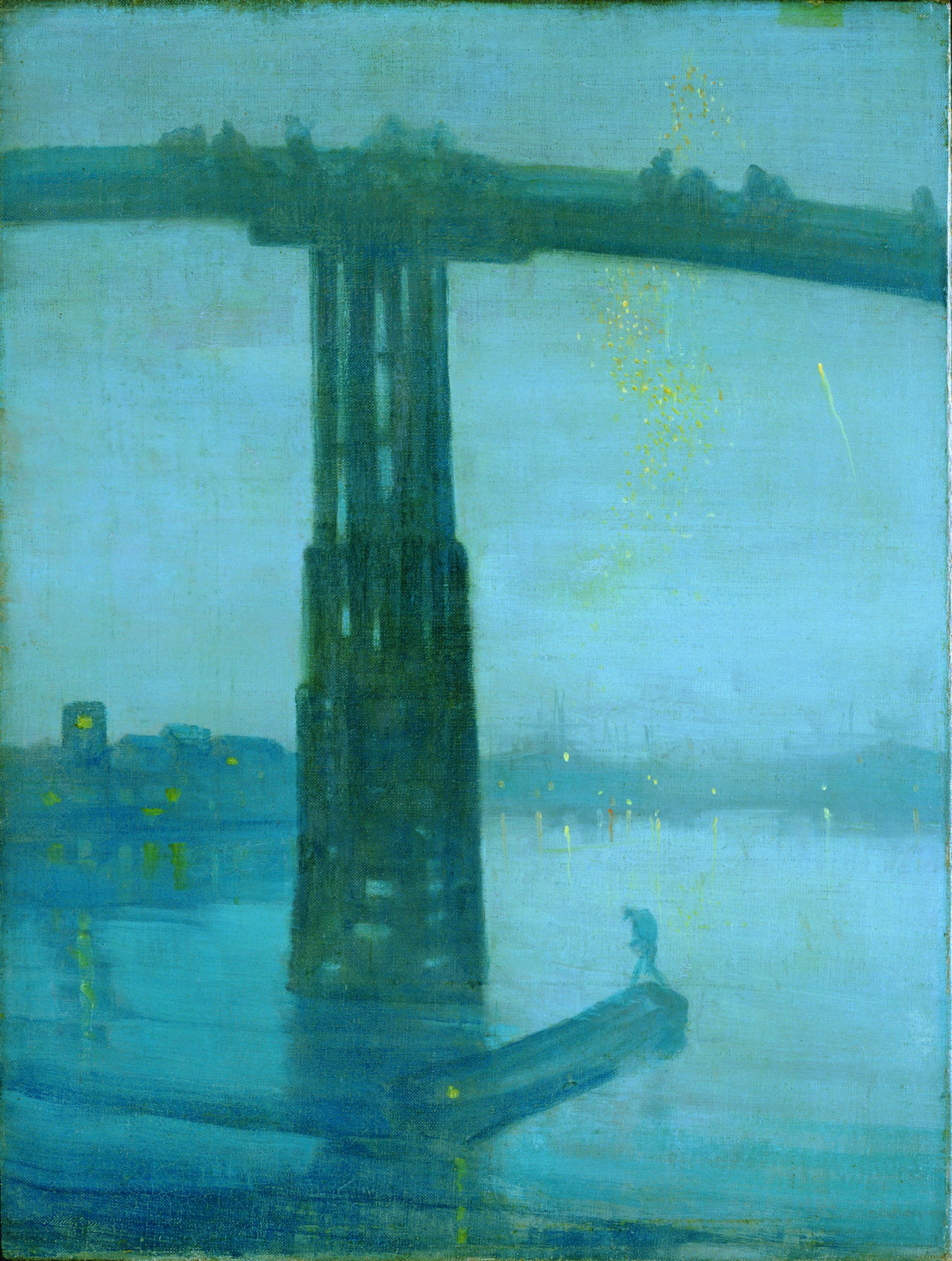 painting of a bridge with fireworks, lights, and reflections in the background