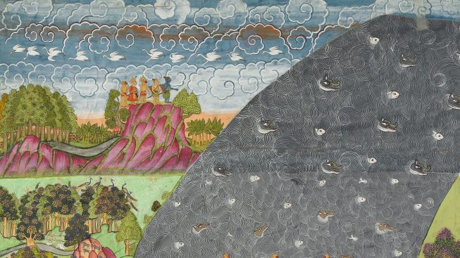 Detail, Rama’s Army Crosses the Ocean to Lanka. Figures lined up on pink boulders going to cross over a body of water filled with alligator-like creatures.