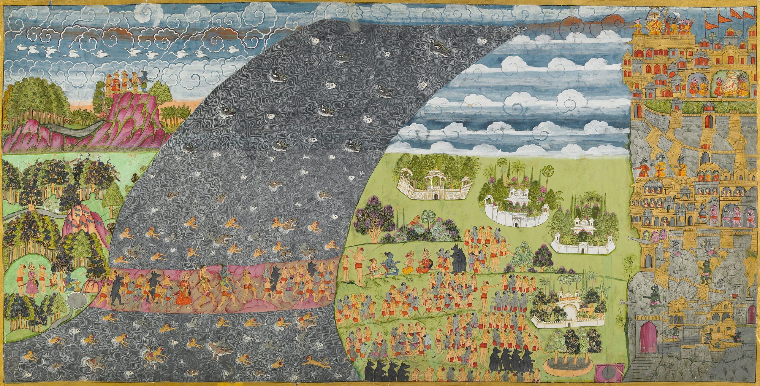 Rama's Army Crosses the Ocean to Lanka. A landscape painting that depicts several armies crossing over land, a river, boulders and a bridge made out of pink boulders to several small white palace cities and a city with a tall golden castle.