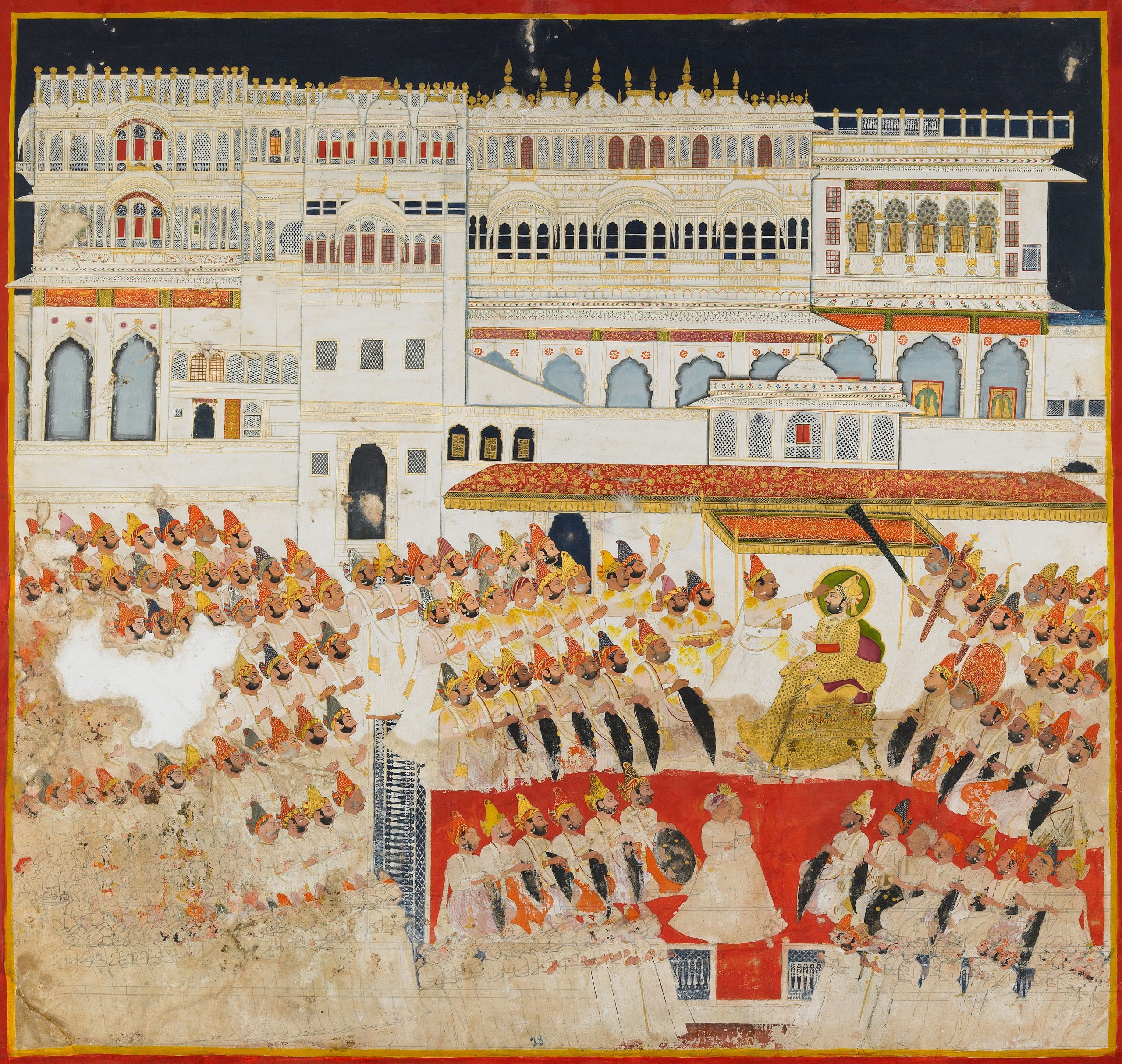 The Rajtilak Darbar of Maharaja Man Singh. This painting depicts the coronation of a maharaja in front of a courtyard surrounded by noblemen.