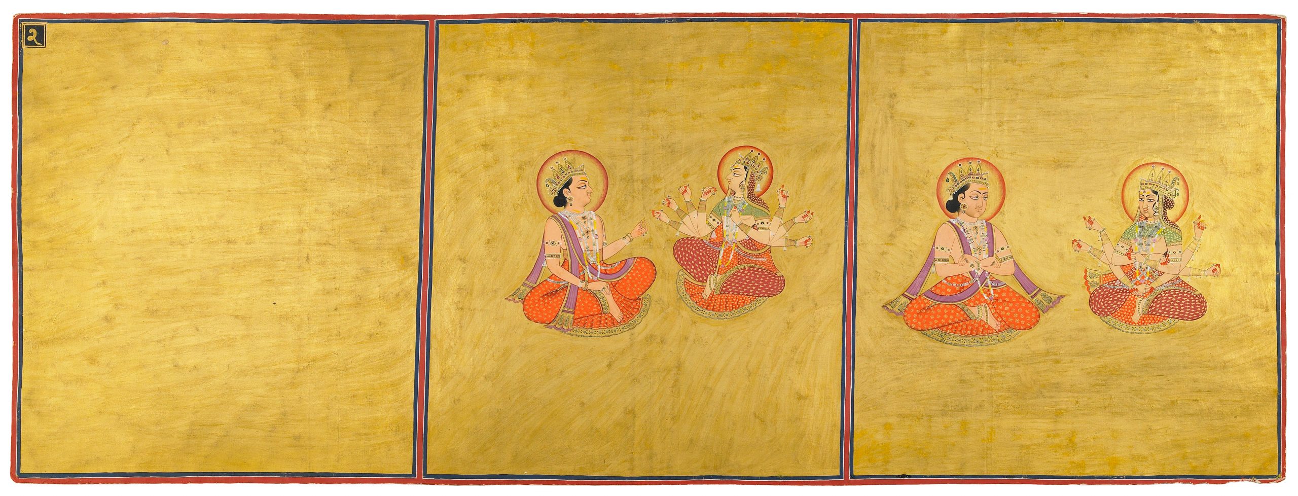 The Emergence of Spirit and Matter. A three panel painting with gold backgrounds. The left panel is empty, while the center and right panels represent the emergence of Consciousness (Purusha) and Matter (Prakriti) as crowned male and female deities.