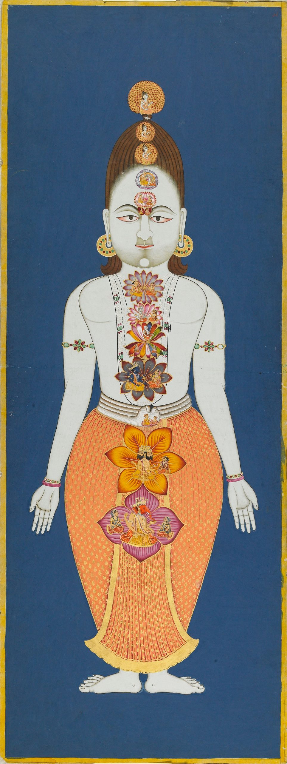 Chakras of the Subtle Body. A watercolor featuring a massive figure with cartilage-piercing earrings, shoulder-length jata (dreadlocks), and an ash-covered body. With eyes crossed in inward meditation, he stands in the yogic posture tadasana.