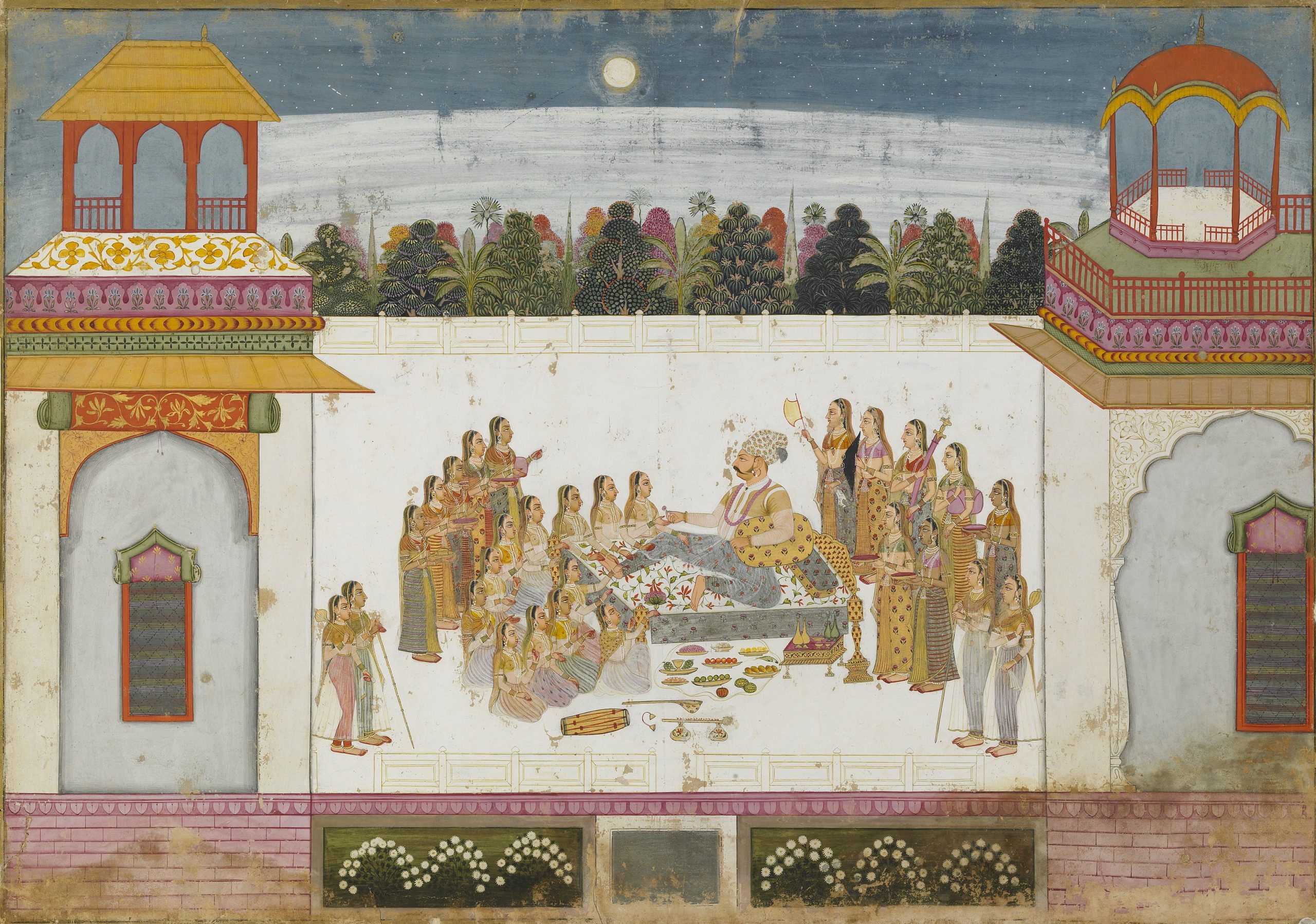 Maharaja Bakhat Singh and Zenana Women Savor the Moonlight Evening. A moonlit scene showing Maharaja Bakhat Singh on a palace terrace with twenty-seven beautiful women.