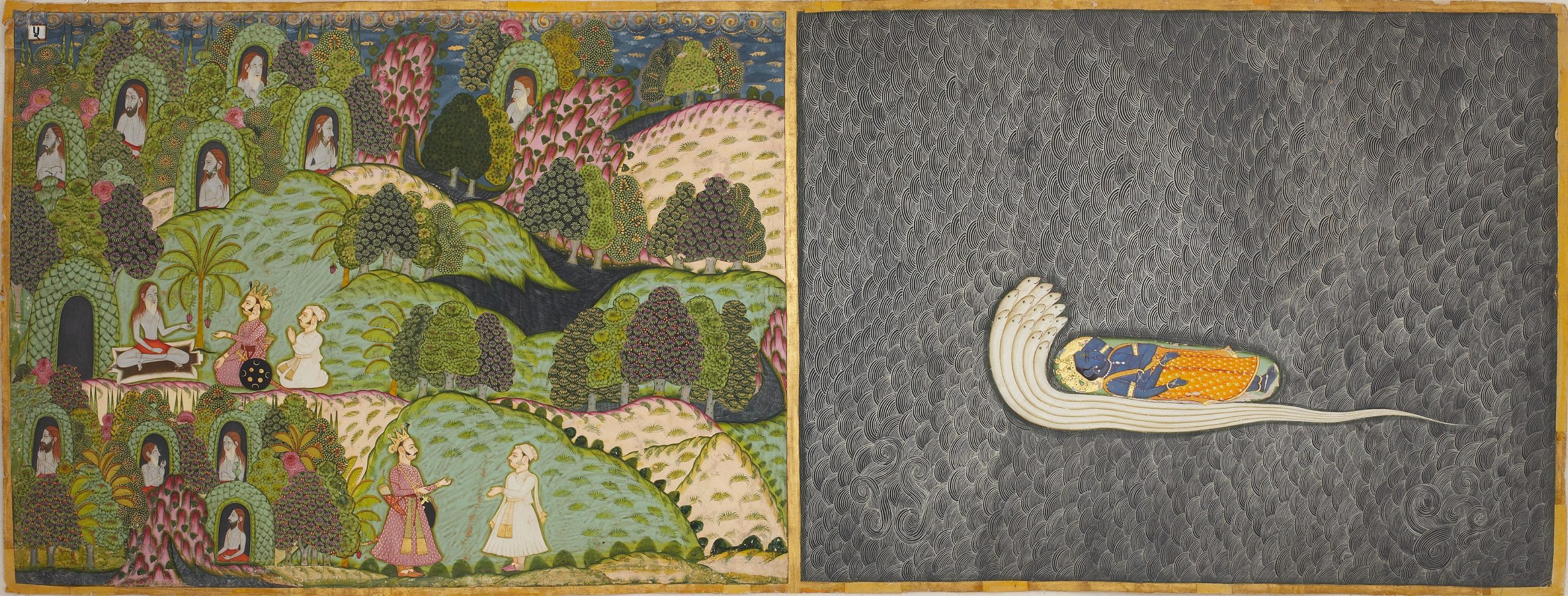 Sage Markandeya's Ashram and the Milky Ocean. Painting consisting of two halves. On the left, a verdant ashram showing slender holy men calmly meditating within small leaf huts. On the right, deity Vishnu sleeps on a multi-headed serpent over a vast expanse of dark water.