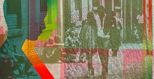 In a multilayered print, a couple walks down a street past squatting onlookers. Two silhouette profiles overlay the left third, in cyan and red to green gradient.