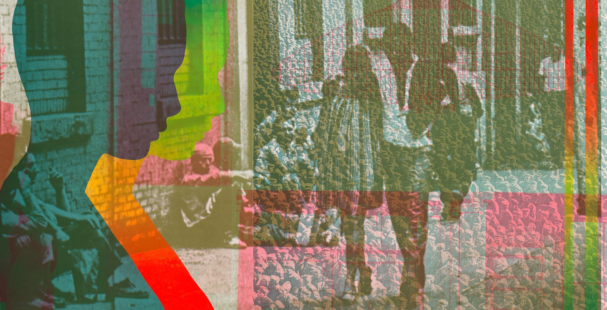 In a multilayered print, a couple walks down a street past squatting onlookers. Two silhouette profiles overlay the left third, in cyan and red to green gradient.