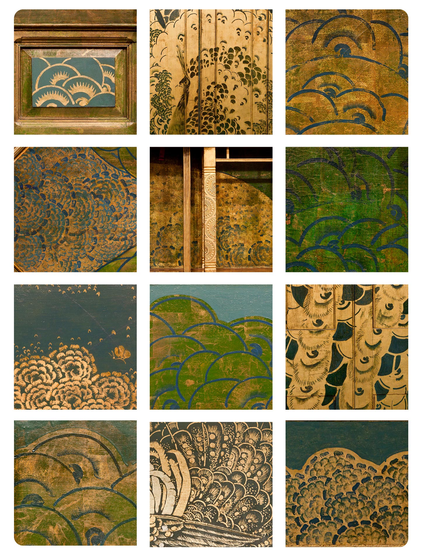 A grid of squares twelve squares shows details of gold, green, and blue paint in layered semicircles.