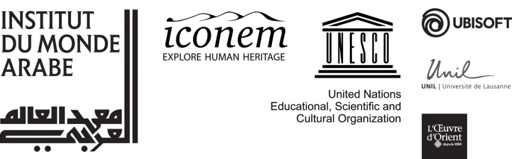 Logos for Istitut de Monde Arabe, Iconem - Explore Human Heritage, United Nations Educational, Scientific and Cultural Organization, Ubisoft, Universite de Lausanne, L'Oevre d'Orient - depuis 1856