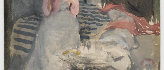 Watercolor in rough strokes depicting textile patterns.