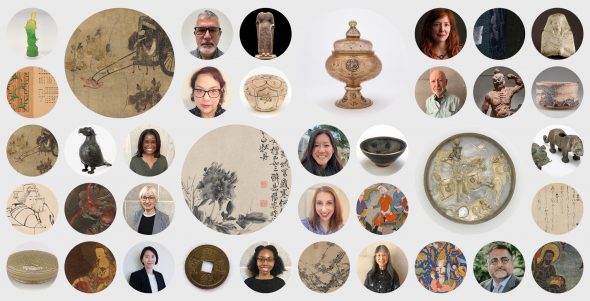 A mosaic of circles of varying sizes, featuring a mix of details from works of art and portraits of museum staff members.