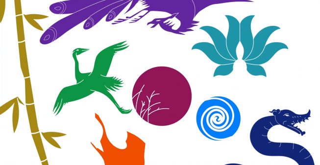 Multicolored, stylized symbols—yellow bamboo, a purple peacock, a green crane, yellow fire, a magenta moon, a teal lotus blossom, a blue spiral, and a navy serpent—arranged against a white background.