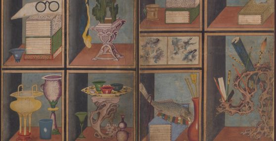 Detail of a painting shows asymmetrical shelves displaying unique arrangements of objects, including books, cups, vases, ink brushes, and sculptures.