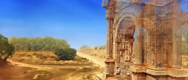 landscape with a building, the top fading to a semi-transparent, partially rendered state