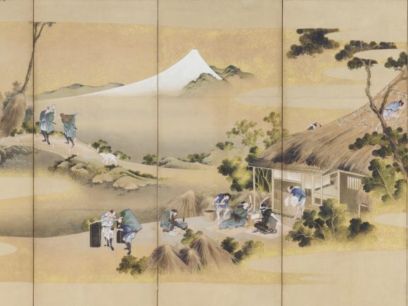 detail, painting of a country scenes and Mount Fuji in the background