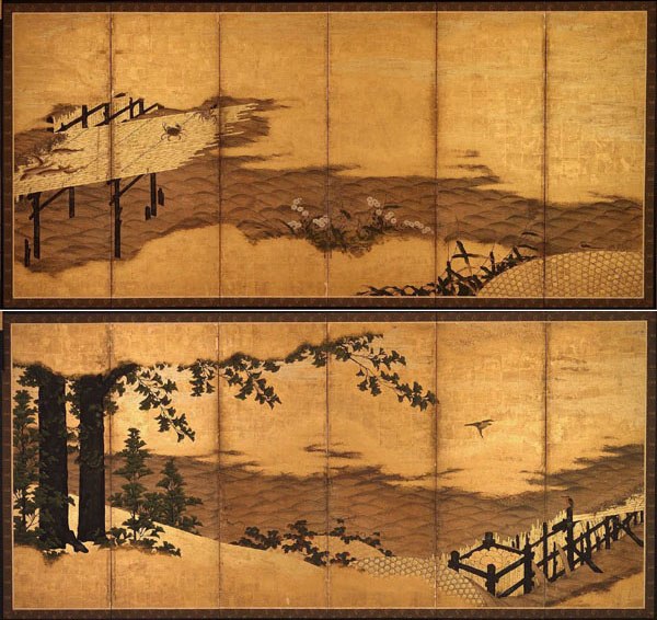 image of a painting with different fishing traps set in a river