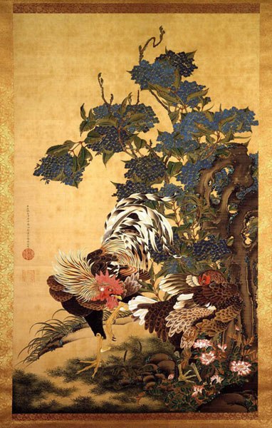 scroll painting of painted scroll of a rooster, hen and hydrangeas
