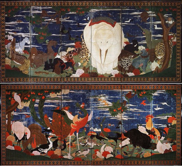 painted scroll of birds, animals, and flowering plants in an imaginary background scene
