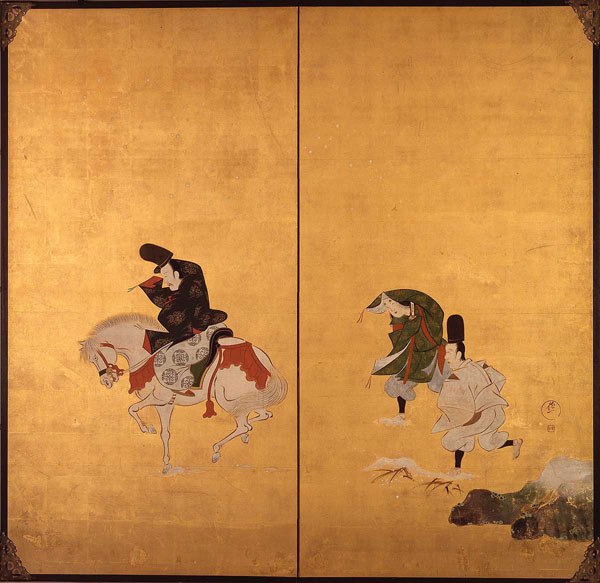 image of the Sano Crossing, a mounted courtier and attendants on foot traverse a vaguely indicated snow-blown and windy passage