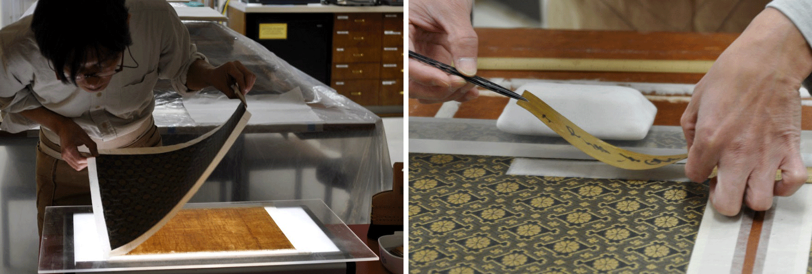 Conservators mounting a handscroll