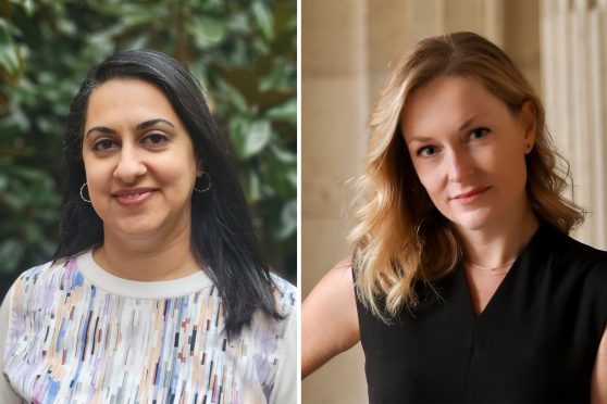 Two headshots side-by-side. On the left, an image of Negin Sobhani, a woman with dark hair and hoop earrings in front of a green, leafy background. On the right, an image of Nancy Karrels, a woman with blond hair in front of a white stone background.