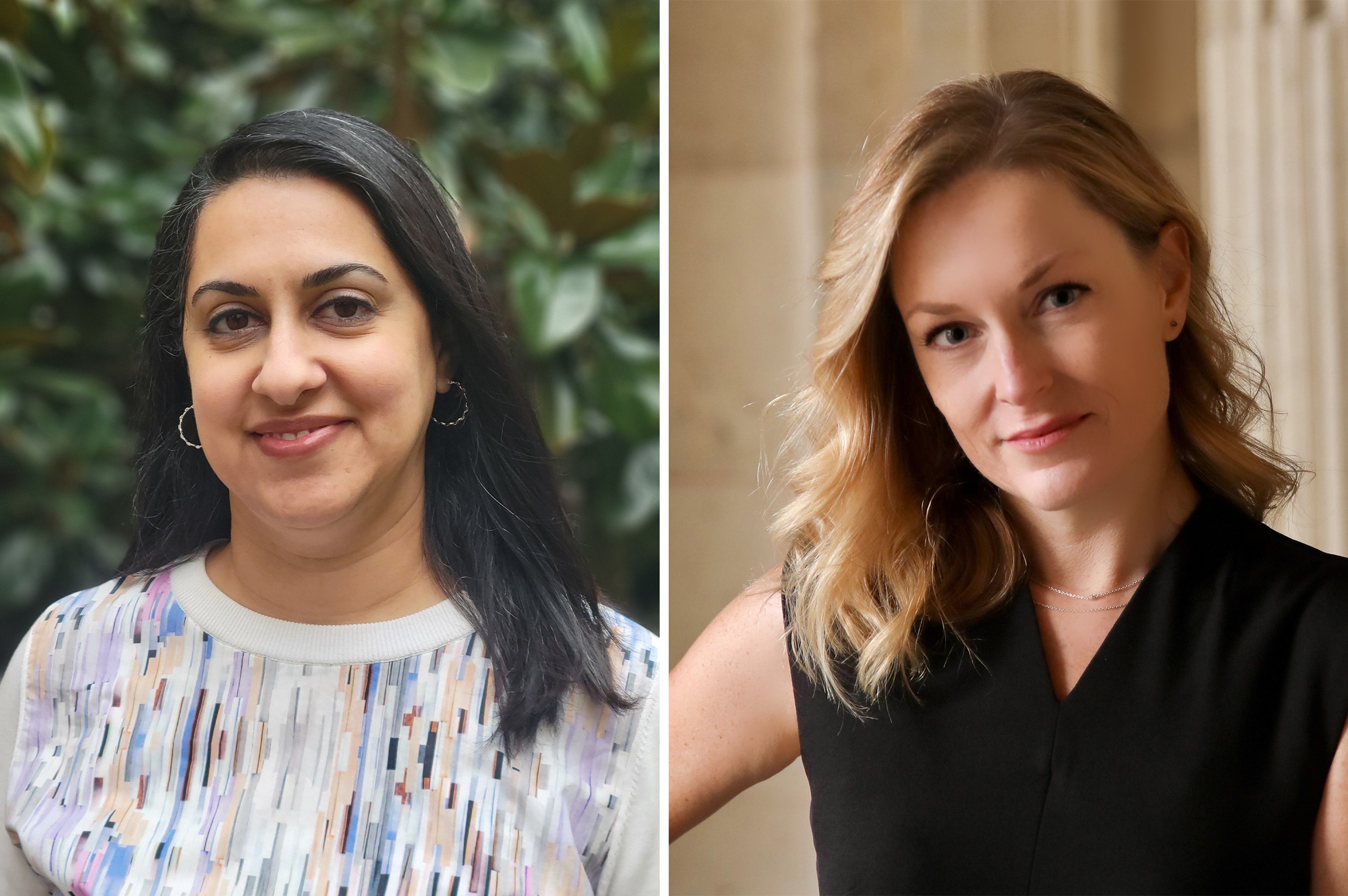 Two headshots side-by-side. On the left, an image of Negin Sobhani, a woman with dark hair and hoop earrings in front of a green, leafy background. On the right, an image of Nancy Karrels, a woman with blond hair in front of a white stone background.
