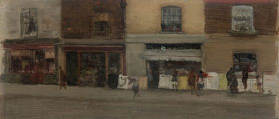 Painting of late 1800's London street with shops and people milling about.