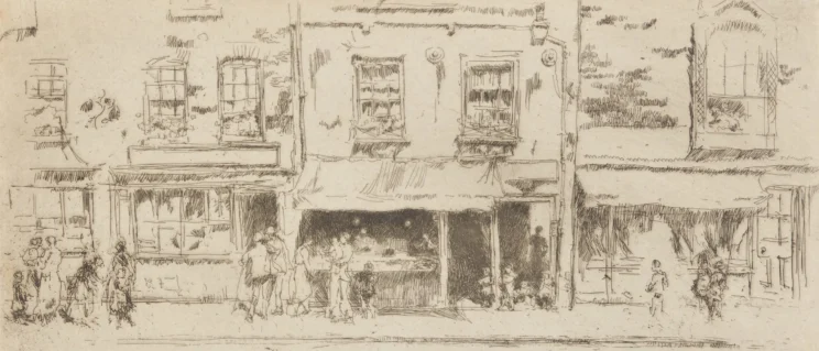 Line drawing of a fish shop