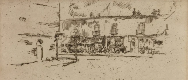 Line drawing of a London street corner.