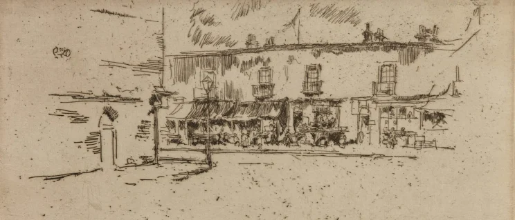 Line drawing of a London street corner.