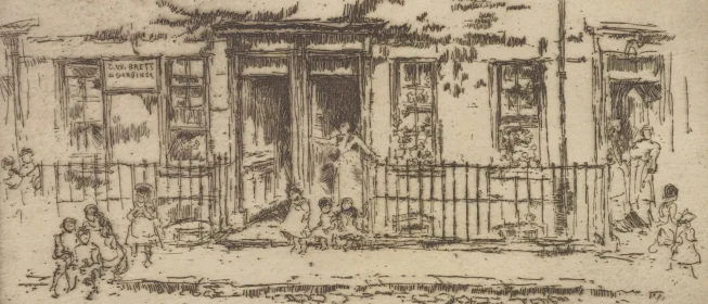 Line drawing of a building facade with groups of children seated outside and milling about the space.