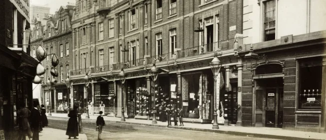 Black and white photo of a retail street in London.