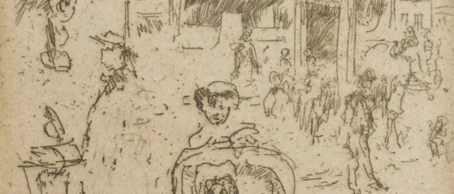 Rough line drawing of people milling around a retail street.