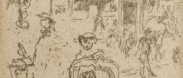 Rough line drawing of people milling around a retail street.
