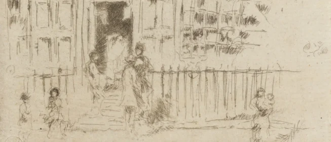 Line drawing of people gathered around the gate of a house.