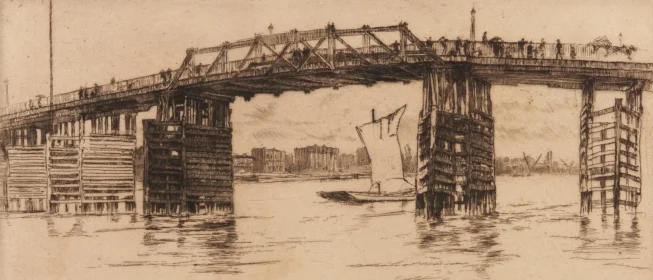 Line drawing of Battersea bridge with a sailboat visible between its piers