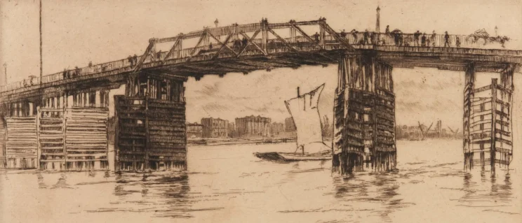 Line drawing of Battersea bridge with a sailboat visible between its piers