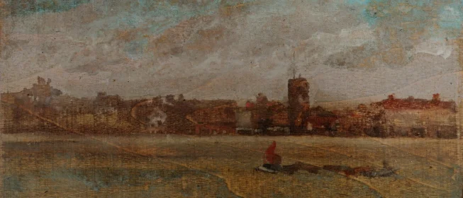 Painting of a late 1800's city, viewed from the countryside.