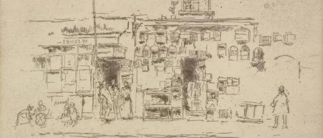 Rough line drawing of a city street with people milling about.