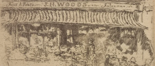 Line drawing of the outside of a fruit shopw, the sign above reading Fruit & potato J.H. Wood's. Salesman